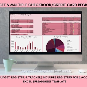Budget, 6 registers in 1, chequeboek en creditcardregister en onkostenregistratie | Excel-spreadsheet, financiën, saldo, accountlogboek, planner