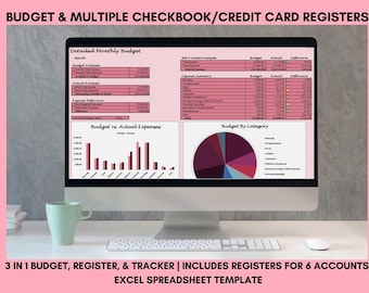 Budget, 6 Registers in 1, Checkbook and Credit Card Register and Expense Tracker | Excel Spreadsheet, Finance, Balance, Account Log, Planner