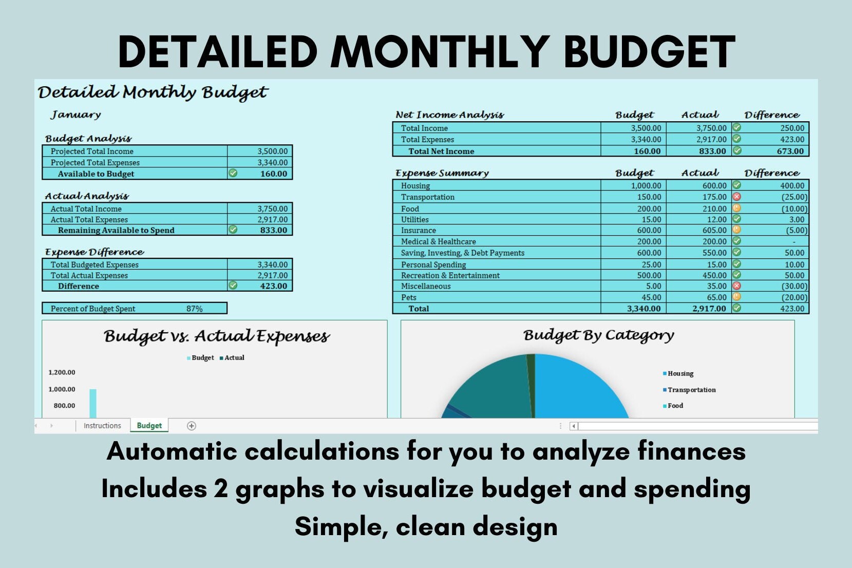 Detailed monthly budget excel budget spreadsheet budget etsy espa a