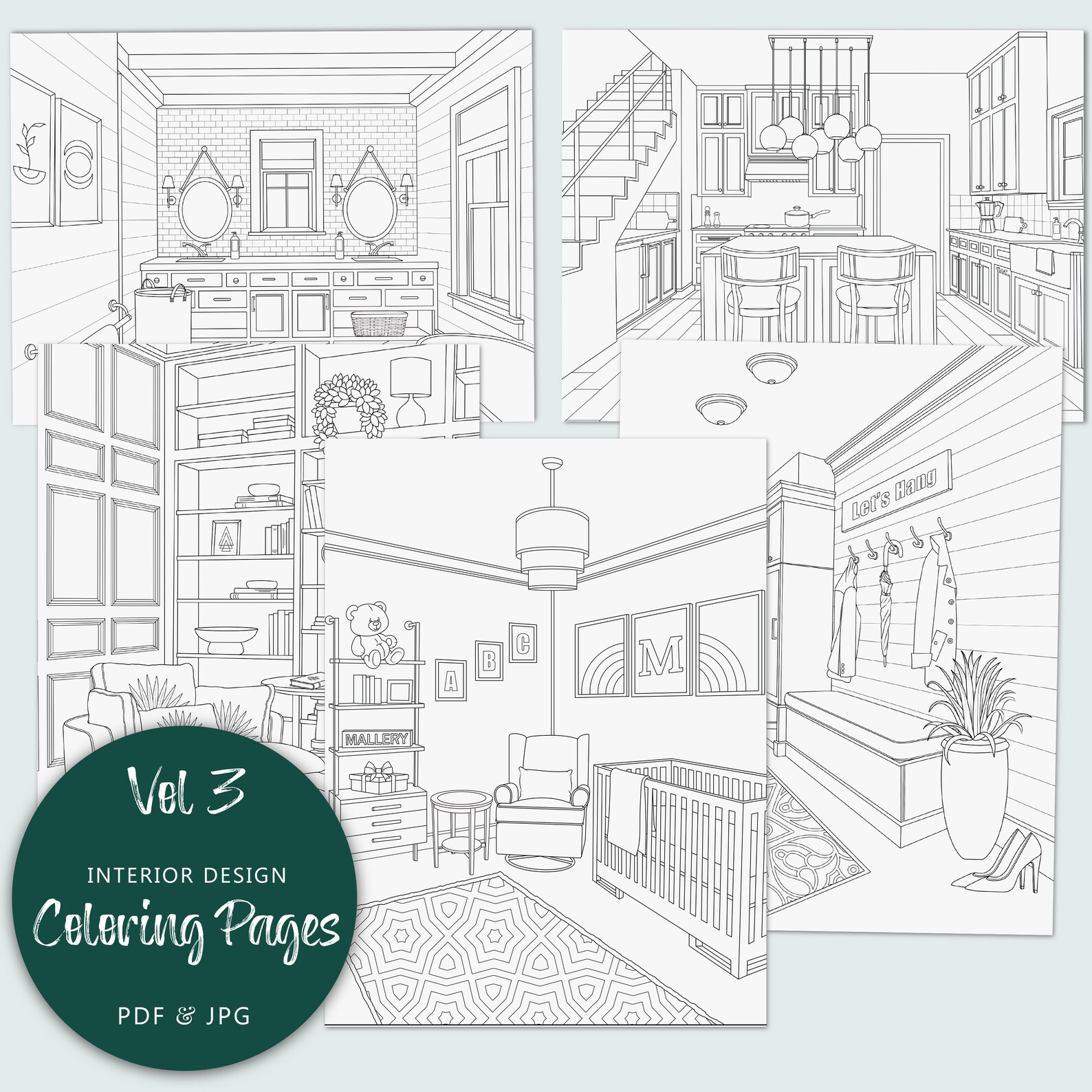 Interior Design Coloring Pages vol 3, Printable Adult Coloring Pages ...