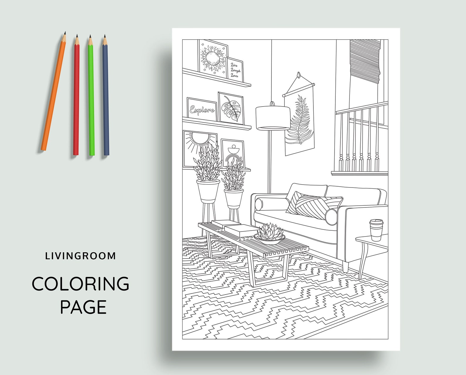 Interior design coloring pages Printable adult coloring Etsy