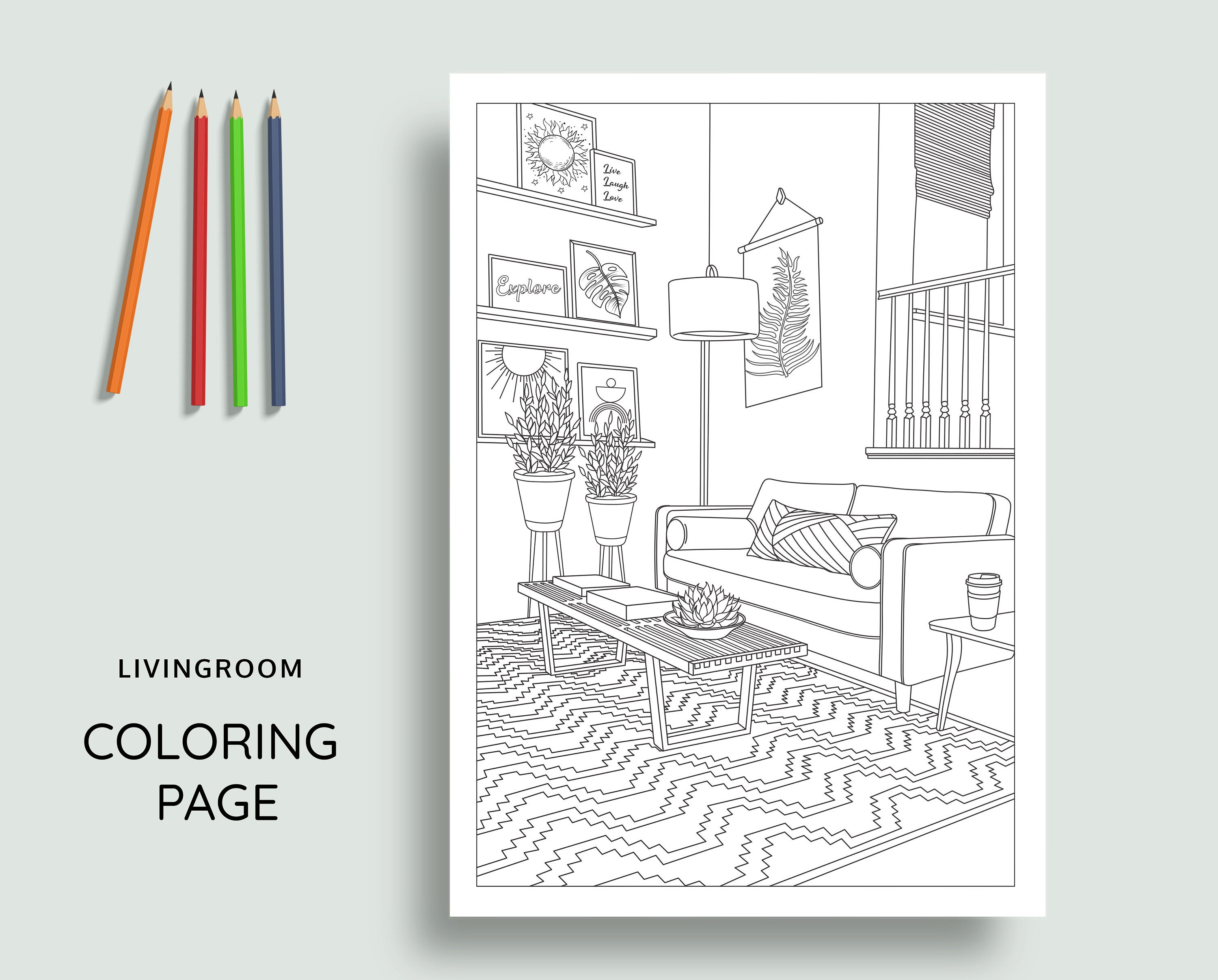Interior design coloring pages Printable adult coloring | Etsy