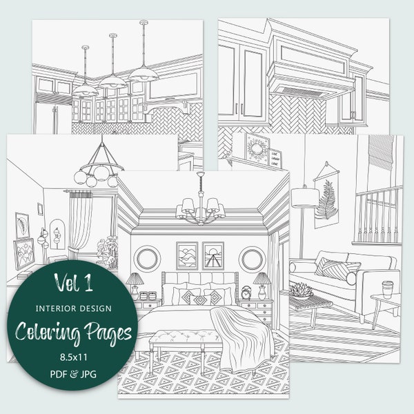 Interior design coloring pages (vol 1), Printable adult coloring pages, Instant download