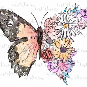 May include: A watercolor illustration of a butterfly with delicate wings and a floral bouquet. The butterfly is a light orange and brown color with black markings. The flowers are a variety of colors, including pink, purple, yellow, and blue.