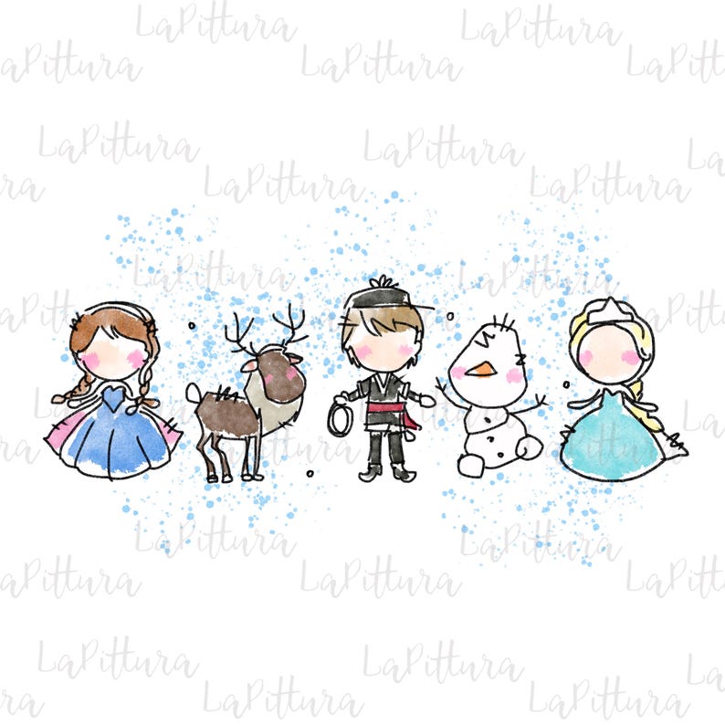 Op de afbeelding: Waterverfillustratie met personages uit een populaire animatiefilm. De afbeelding bevat een prinses in een blauwe jurk, een rendier, een man in een zwarte outfit, een sneeuwpop en nog een prinses in een blauwe jurk. Blauwe aquarelspetters staan op de achtergrond.