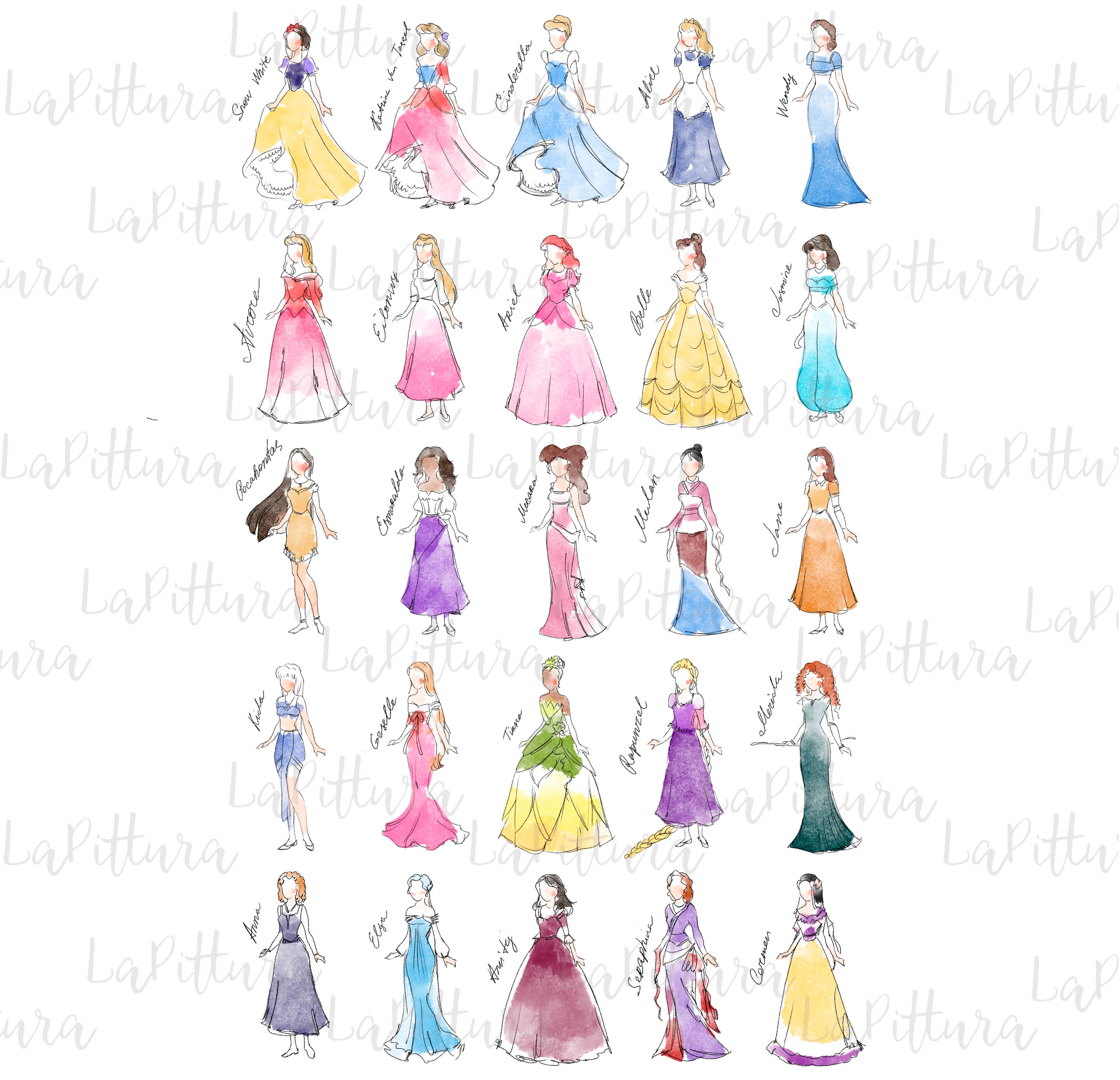 Watercolor Princess Clipart, Princess Art, All Princess Printable Digital  Download - Etsy, image size:3000x2892