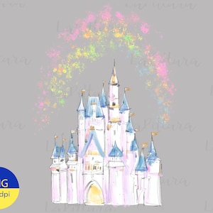 Op de afbeelding: Een aquarel-illustratie van een sprookjeskasteel in roze en blauwe kleuren. Het kasteel heeft meerdere torens en een grote centrale toren. Het kasteel is omgeven door een fantasierijk regenboogkleurig sprankelend effect.