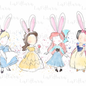 Watercolor Easter Princess PNG, Easter bunny Princess Clipart, All princess Printable Digital Download