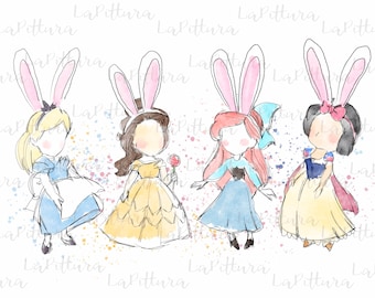 Acquerello Pasqua Principessa PNG, Coniglietto di Pasqua Principessa Clipart, Tutte le principesse Download digitale stampabile