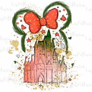 Watercolor Christmas PNG Castle, Christmas red bow, Clipart Printable Digital Download