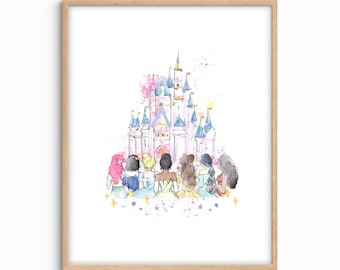 Schloss Druckbare Wandkunst, Aquarell Prinzessin, Prinzessin Druck, Regenbogenschloss, süßes Schloss, handgezeichnetes Schloss, Digitaler Download