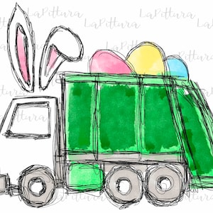 May include: A green garbage truck with bunny ears and a bed full of colorful Easter eggs. The truck is drawn in a cartoon style with black lines and watercolor washes.