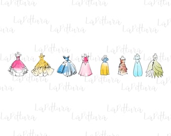 Princess dress png, Princess Clipart, All princess Watercolor Princess PNG, Printable Digital Download