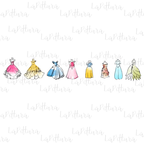 Princess dress png, Princess Clipart, All princess Watercolor Princess PNG, Printable Digital Download