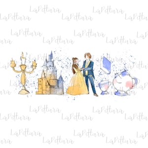 Watercolor beauty and the beast PNG Clipart Printable Digital Download