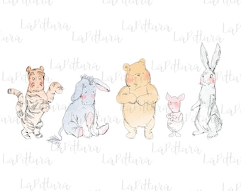 May include: A watercolor illustration of five characters from Winnie the Pooh: a tiger, a donkey, a bear, a pig, and a rabbit. The characters are drawn in a whimsical style with soft colors.