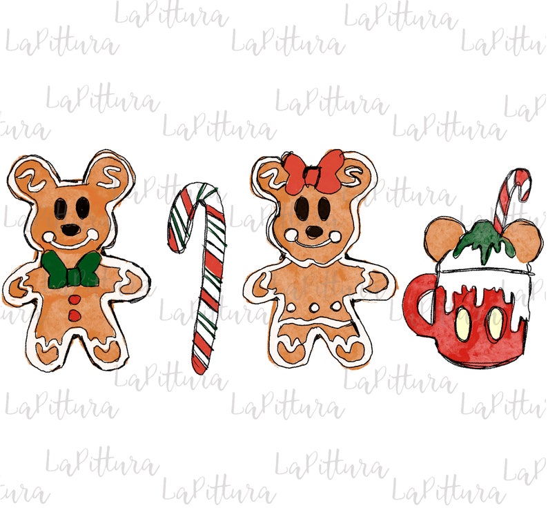 May include: Watercolor illustration of Christmas-themed gingerbread cookies and a mug. The cookies are shaped like bears, one with a green bow tie and the other with a red bow. A candy cane and a red mug with a candy cane complete the festive scene.