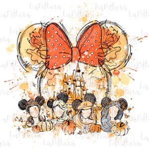 May include: Watercolor illustration featuring a large orange polka-dot bow and Mickey Mouse ears. A castle is in the background, with four Disney princess characters and pumpkins in the foreground. The image has an autumn theme.