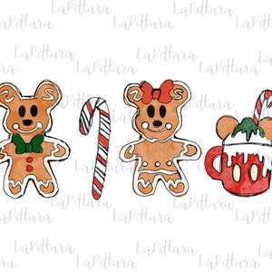 May include: Watercolor illustration of Christmas-themed gingerbread cookies and a mug. The cookies are shaped like bears, one with a green bow tie and the other with a red bow. A candy cane and a red mug with a candy cane complete the festive scene.