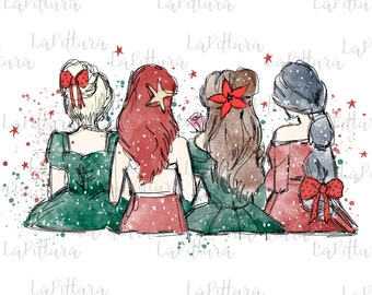 Christmas Princess Clipart, Christmas Princess png, All princess Watercolor Princess PNG, Printable Digital Download