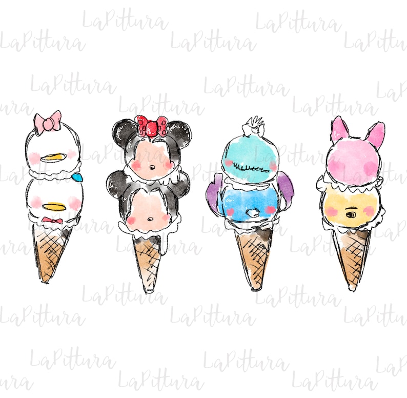 Puede incluir: Cuatro conos de helado con caras de personajes de dibujos animados en la parte superior. Los conos est&aacute;n decorados con helado blanco, amarillo, rosa y azul. Los personajes son Mickey Mouse, Minnie Mouse, Donald Duck y Daisy Duck.