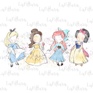 Watercolor Princess PNG, Princess Clipart, All princess Printable Digital Download