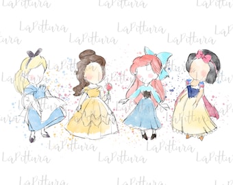 Watercolor Princess PNG, Princess Clipart, All princess Printable Digital Download