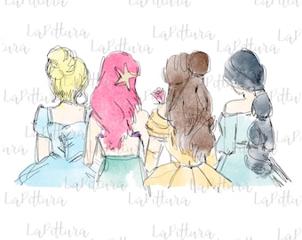 Princess Clipart, All princess Watercolor Princess PNG, Printable Digital Download