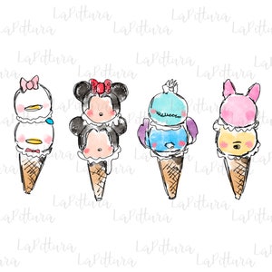 Puede incluir: Cuatro conos de helado con caras de personajes de dibujos animados en la parte superior. Los conos est&aacute;n decorados con helado blanco, rosa, azul y amarillo. Los personajes son Mickey Mouse, Minnie Mouse, Donald Duck y Daisy Duck.