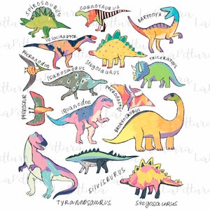 Clipart di dinosauri dell&#39;acquerello, download immediato di nomi di dinosauri, T-Rex, stegosauro, triceratopo, rapace, pterodattilo