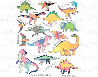 Watercolor Dinosaurs Clipart, Dinosaurs Names Instant Download , T-Rex, Stegosaurus, Triceratops, Raptor, Pterodactyl