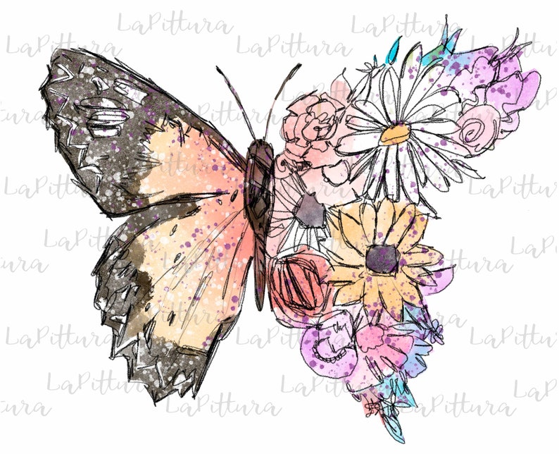 May include: A watercolor illustration of a butterfly with delicate wings and a floral bouquet. The butterfly is a light orange and brown color with black markings. The flowers are a variety of colors, including pink, purple, yellow, and blue.