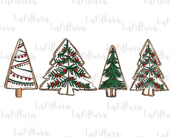 Christmas trees PNG, lights star snow mint cozy winter digital download, Sublimation design hand drawn Printable file Graphic Clipart Tshirt