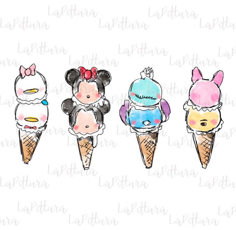 Puede incluir: Cuatro conos de helado con caras de personajes de dibujos animados en la parte superior. Los conos est&aacute;n decorados con helado blanco, amarillo, rosa y azul. Los personajes son Mickey Mouse, Minnie Mouse, Donald Duck y Daisy Duck.