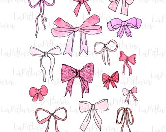 Watercolor Bows PNG, 15 bows separately, Bow Clipart, pink Bow Printable Digital Download