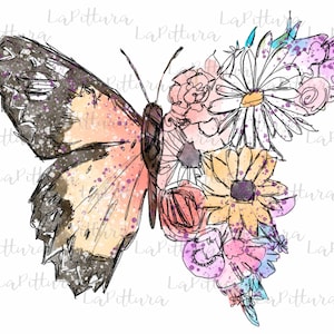 May include: A watercolor illustration of a butterfly with delicate wings and a floral bouquet. The butterfly is a light orange and brown color with black markings. The flowers are a mix of pink, purple, yellow, and white.