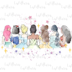 Watercolor Princess Clipart, All princess Watercolor Princess PNG, Printable Digital Download