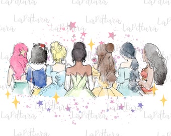 Watercolor Princess Clipart, All princess Watercolor Princess PNG, Printable Digital Download