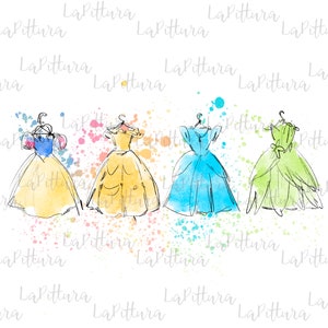 Princess dress clipart, All princess Watercolor Princess PNG, Printable Digital Download