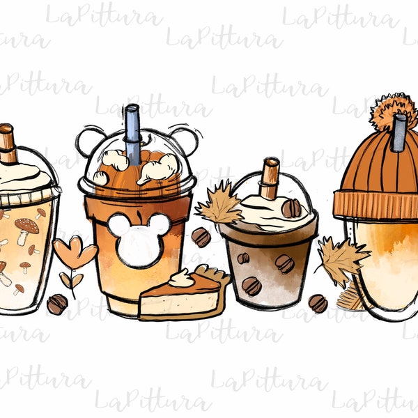 Fall coffee PNG, mouse ears, pumpkin spice, worm cozy coffee digital file Sublimation design hand drawn Printable Graphic Clipart Tshirt