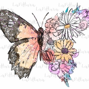 May include: A watercolor illustration of a butterfly with delicate wings and a floral bouquet. The butterfly is a light orange and brown color with black markings. The flowers are a mix of pink, purple, yellow, and white.