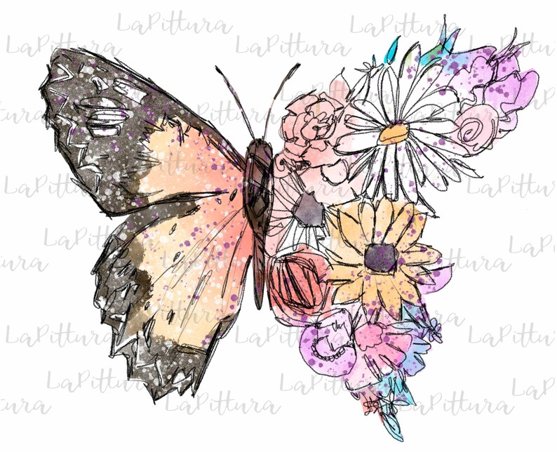 May include: A watercolor illustration of a butterfly with delicate wings and a floral bouquet. The butterfly is a light orange and brown color with black markings. The flowers are a mix of pink, purple, yellow, and white.