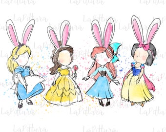 May include: Four Disney princesses, Cinderella, Belle, Ariel, and Snow White, are drawn in a watercolor style wearing bunny ears. The princesses are wearing their signature dresses and are standing on a white background with colorful splatters.