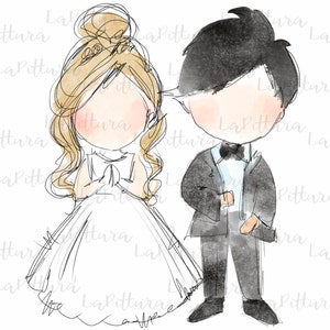 May include: A watercolour illustration of a bride and groom. The bride is in a white dress with a bun and long blonde hair. The groom is in a black tuxedo with a bow tie. The image has a hand-drawn style with the text "La Pittura" in the background.