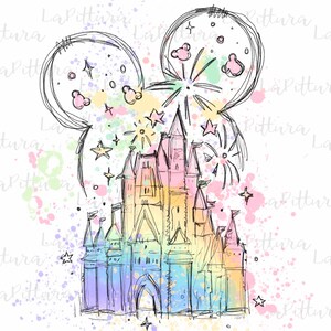 May include: A colorful, hand-drawn illustration of a fairytale castle with fireworks and stars. The castle is surrounded by a watercolor effect in shades of pink, blue, and yellow. The image is framed by a pair of Mickey Mouse ears.