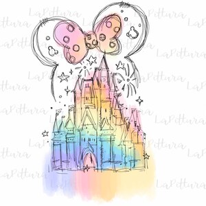 Peut inclure: Une illustration dessin&eacute;e &agrave; la main d'un ch&acirc;teau de conte de f&eacute;es avec un fond aquarelle arc-en-ciel. Le ch&acirc;teau a une haute tour pointue et une grande entr&eacute;e cintr&eacute;e. Il y a des &eacute;toiles et des feux d'artifice dans le ciel au-dessus du ch&acirc;teau. Le ch&acirc;teau est entour&eacute; d'un n&oelig;ud rose &agrave; pois blancs.