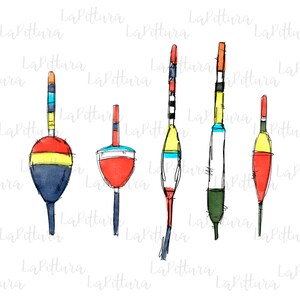 Puede incluir: Cinco ilustraciones de acuarela de flotadores de pesca. Los flotadores son de diferentes colores y diseños, incluyendo rojo, azul, amarillo, verde y blanco.