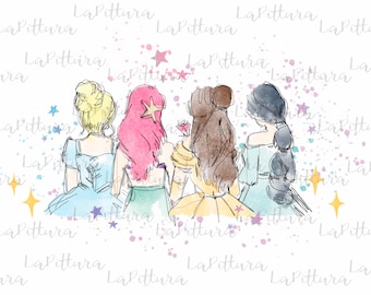Princess Clipart, All princess Watercolor Princess PNG, Printable Digital Download