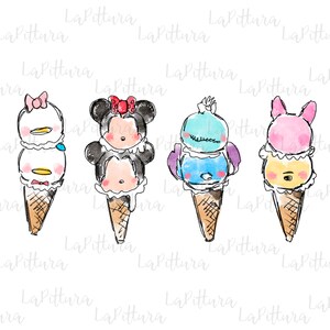 Puede incluir: Cuatro conos de helado con caras de personajes de dibujos animados en la parte superior. Los conos est&aacute;n decorados con helado blanco, rosa, azul y amarillo. Los personajes son Mickey Mouse, Minnie Mouse, Donald Duck y Daisy Duck.