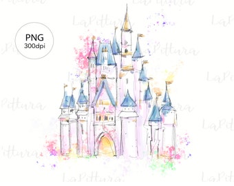 Schloss Png, Aquarellschloss, Regenbogenschloss, Sublimation mädchenhaft, süßes Schloss, handgezeichnetes Schloss, digital für Shirts